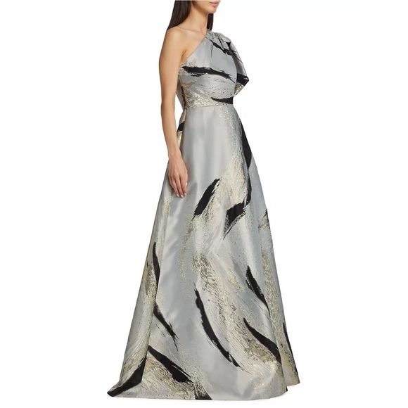 Teri Jon by Rickie Freeman Asymmetric Abstract Jacquard Gown - Picture 3 of 10